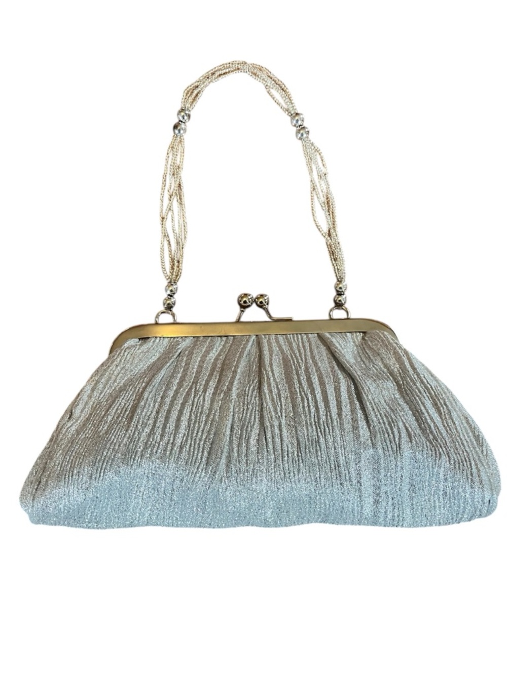La Regale Silver Metallic Purse Handbag with Beaded chain Handle
